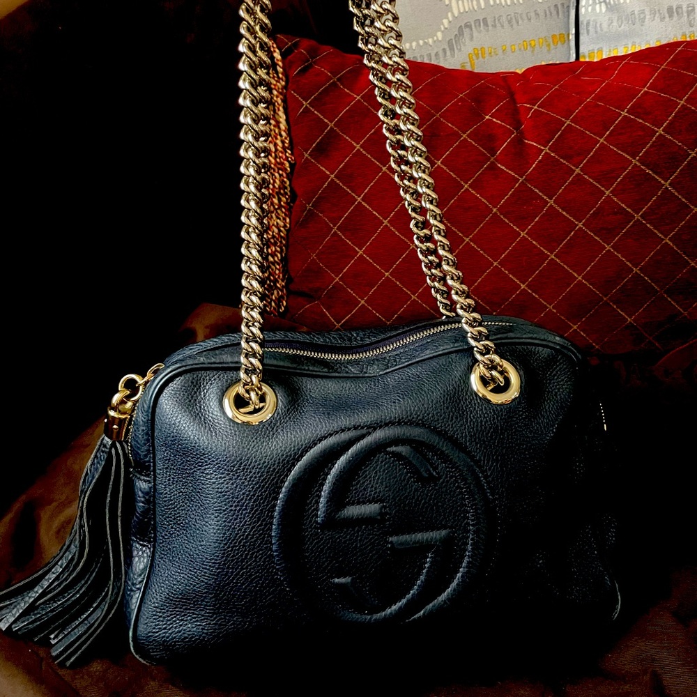 Authentic Gucci leather bag with tassle gold chain strap navy blue